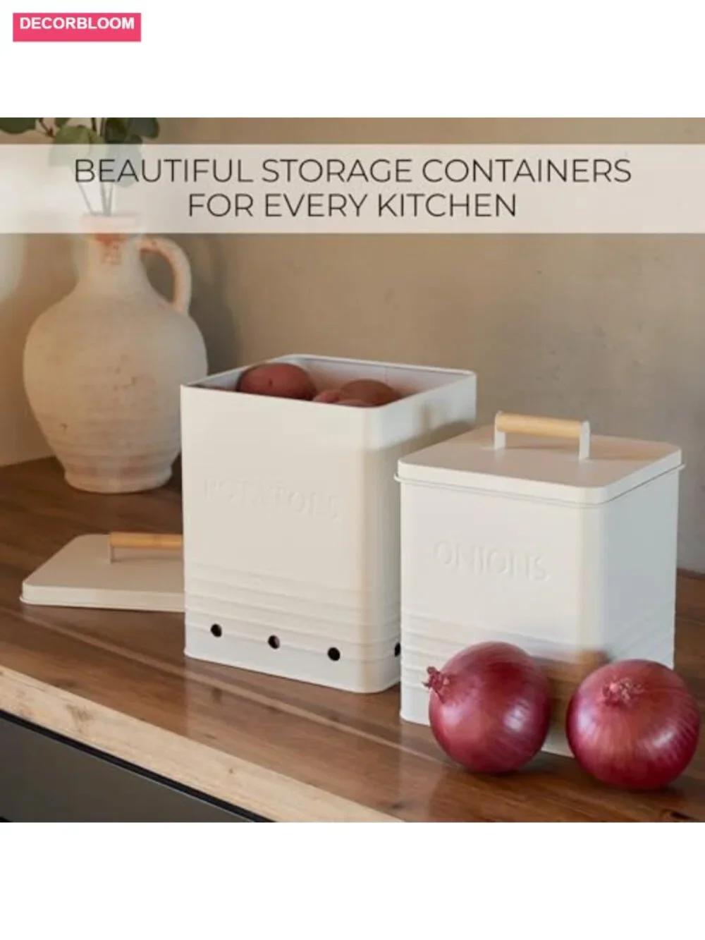 Potato and Onion Storage Container Set - Food Safe Metal Bins with Wooden Lid
